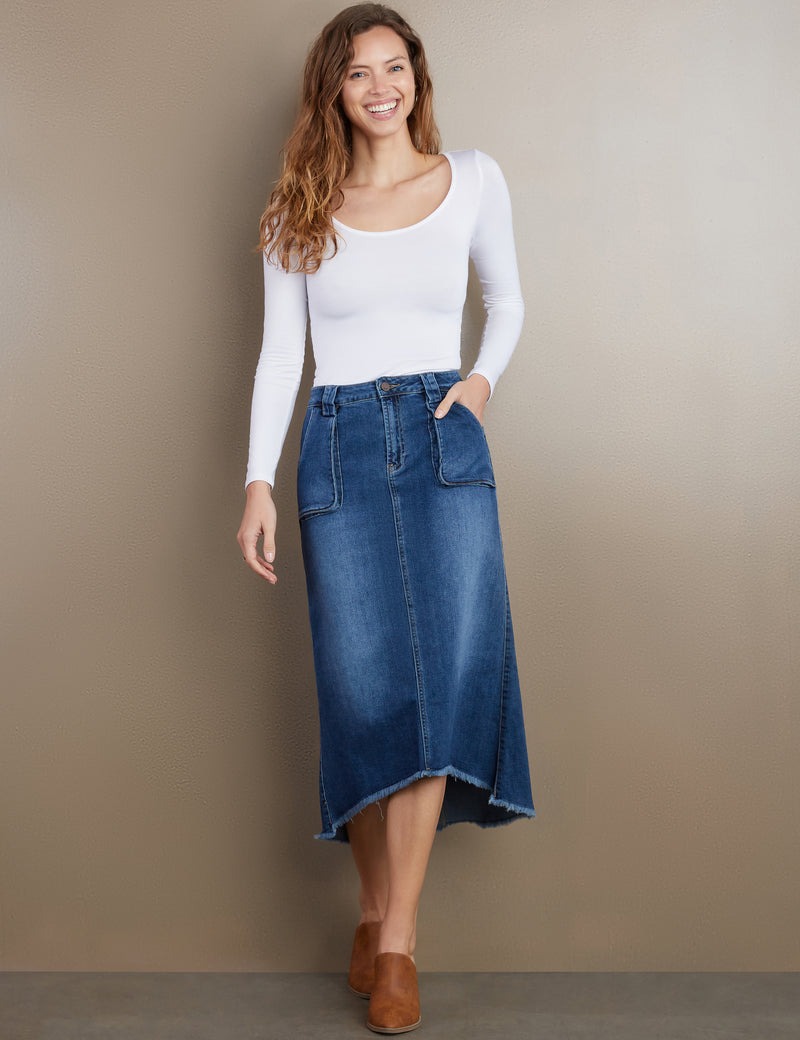 Women's Designer Patch Pocket Denim Midi Skirt in Jannis Blue