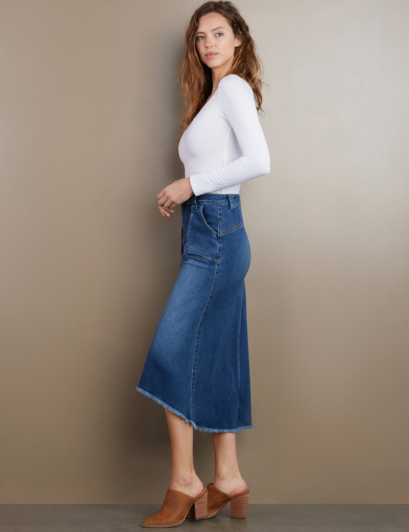 Women's Designer Patch Pocket Denim Midi Skirt in Jannis Blue