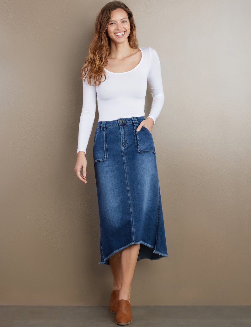 Women's Patch Pocket Midi Denim Skirt – Wash Lab – washlabshop