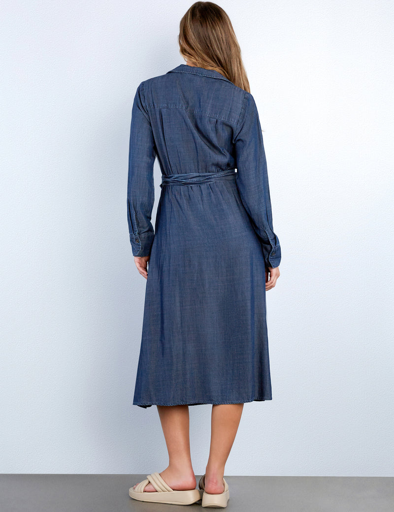 Tie Front Soft Denim Midi Dress