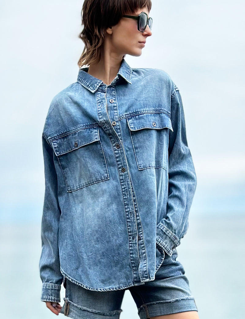 Women's Oversized Denim Shirt Wash Lab washlabshop Women's Oversized Denim Shirt Wash Lab washlabshop