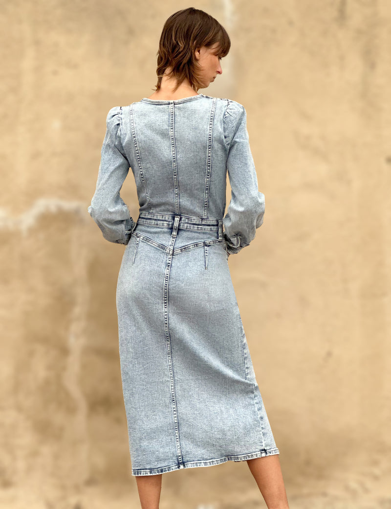 corset denim midi dress Vionetta Corset Bodice Denim Midi Dress VICI