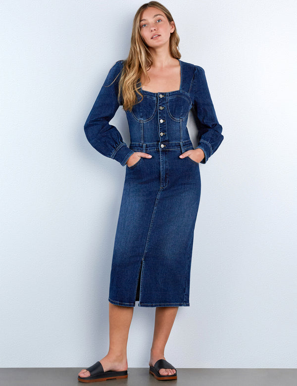 Puff Corset Denim Midi Dress