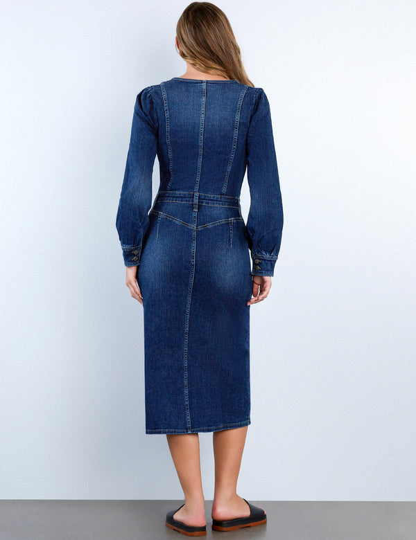 Puff Corset Denim Midi Dress