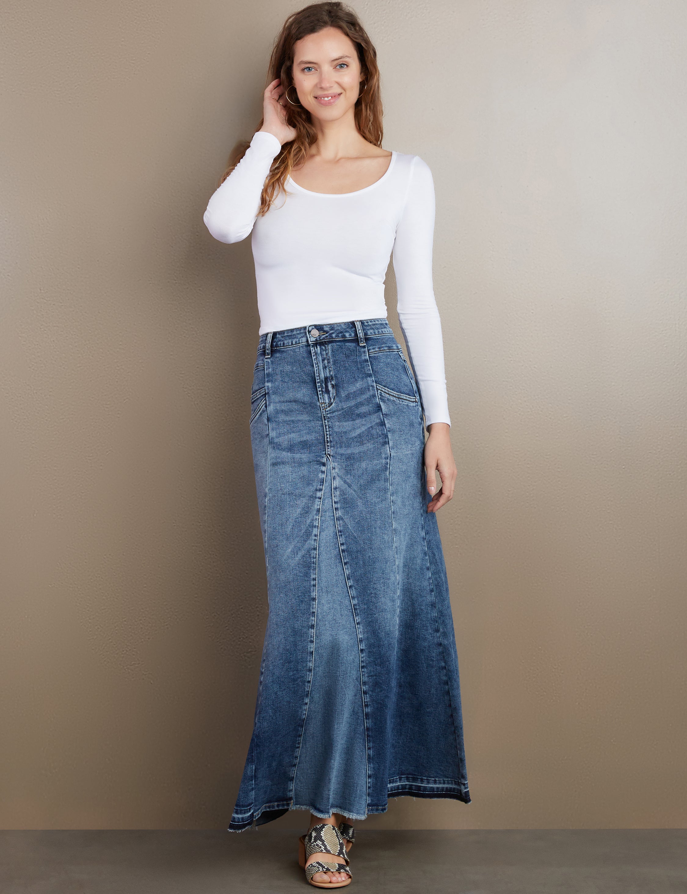 【BAON】Elenit Cat Washing Flared Denim Long Skirt Flare Bliss Maxi Denim Skirt – washlabshop