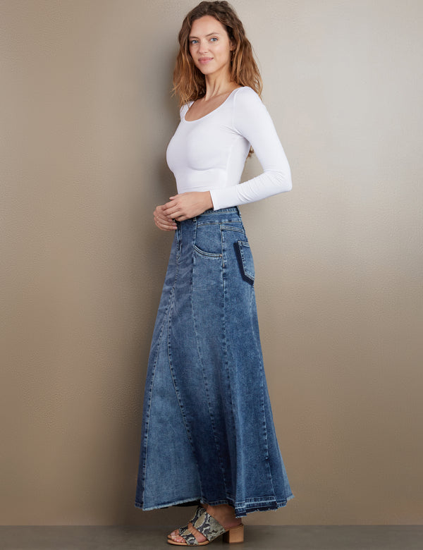 Women's Designer Flare Maxi Denim Skirt in Shine Blue