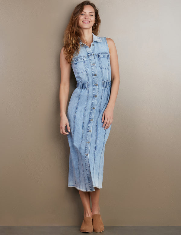 Women's Designer Denim Sleeveless Dress in Powder Blue