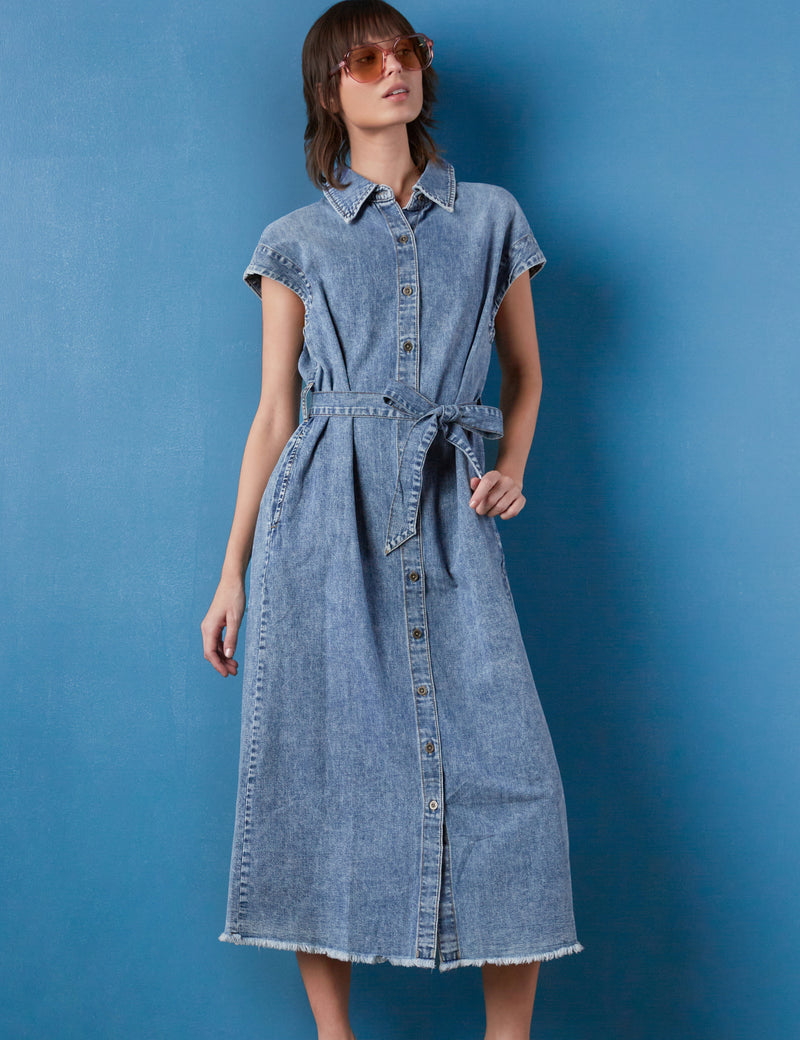 Women's Weekend Denim Midi Dress with Tie Waist Wash Lab washlabshop Women's Weekend Denim Midi Dress with Tie Waist Wash Lab washlabshop