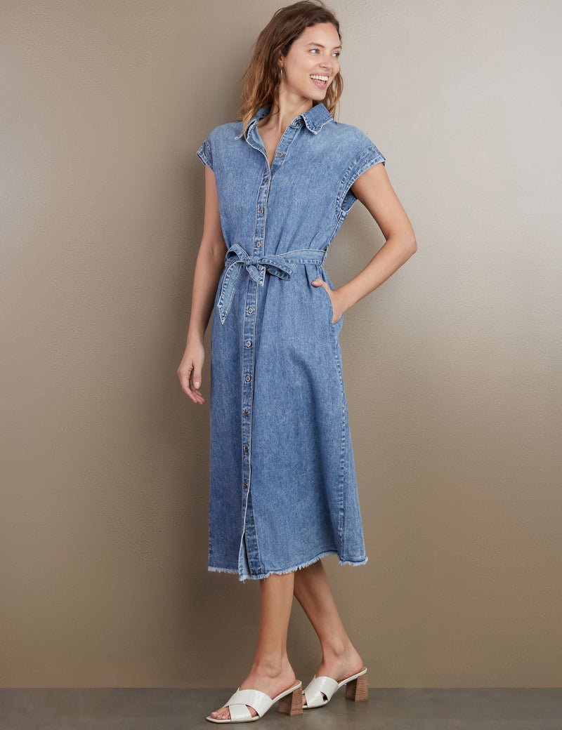 Women's Weekend Denim Midi Dress with Tie Waist Wash Lab washlabshop Women's Weekend Denim Midi Dress with Tie Waist Wash Lab washlabshop