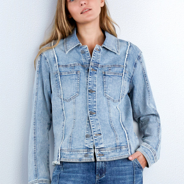 Women's Split Panel Denim Jacket with Frayed Hem – Wash Lab