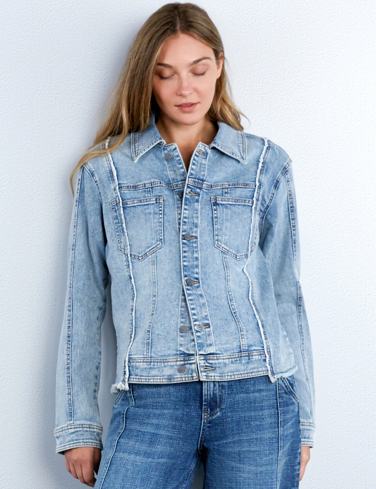 Women's Split Panel Denim Jacket with Frayed Hem – Wash Lab