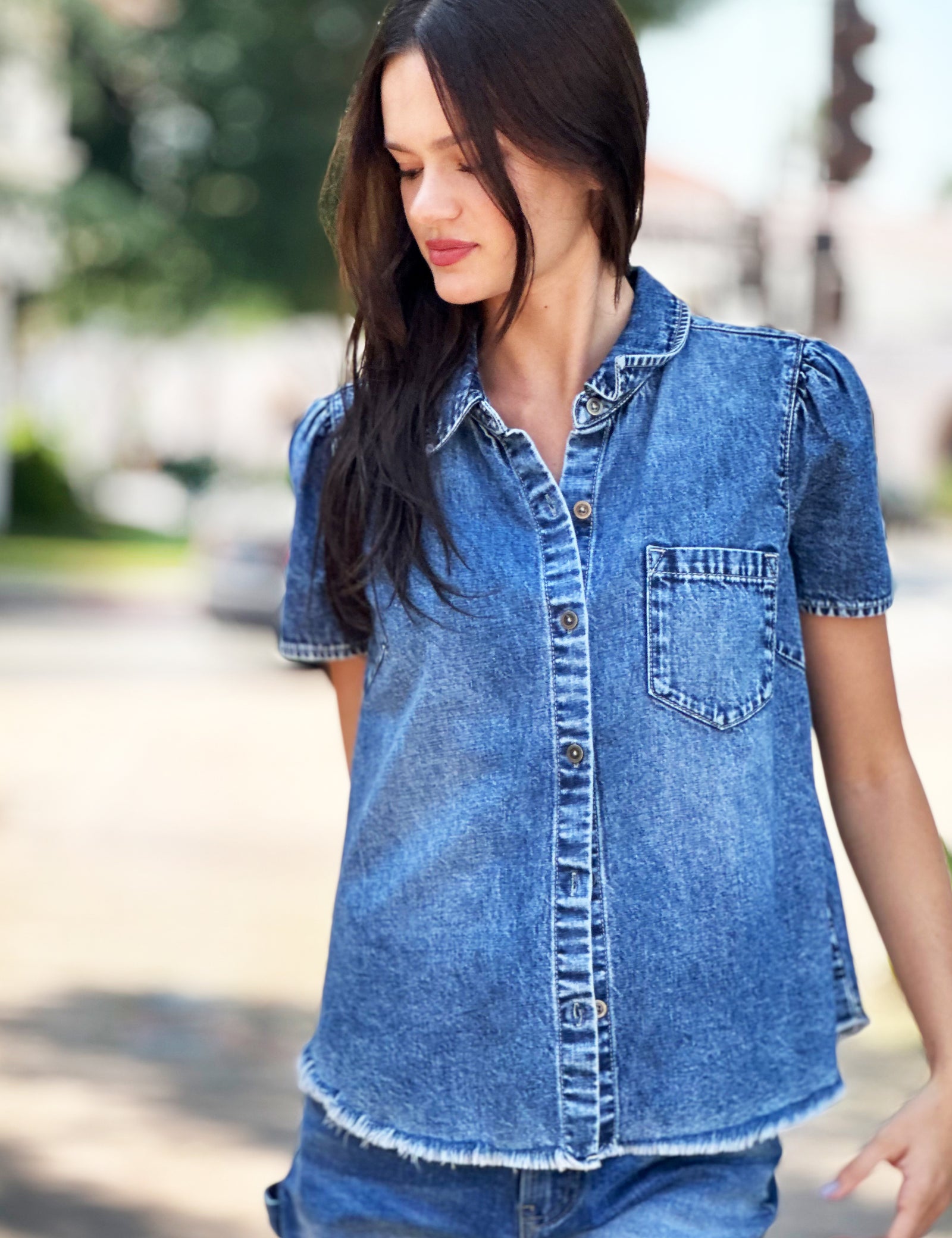 Clothing Denim Tops Womens Ruffle Denim Shirt Allison Washed