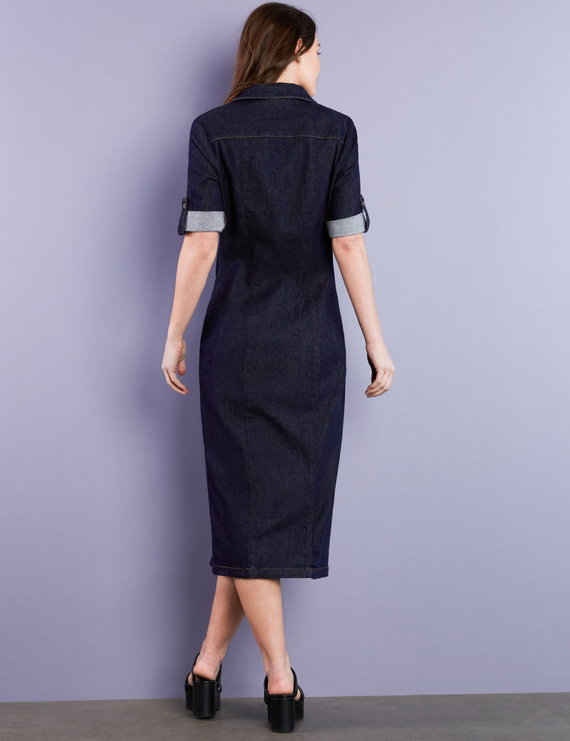 denim shirt dress midi length Women's Petite - Denim Midi Shirtdress - Bridgeport Wash - 16