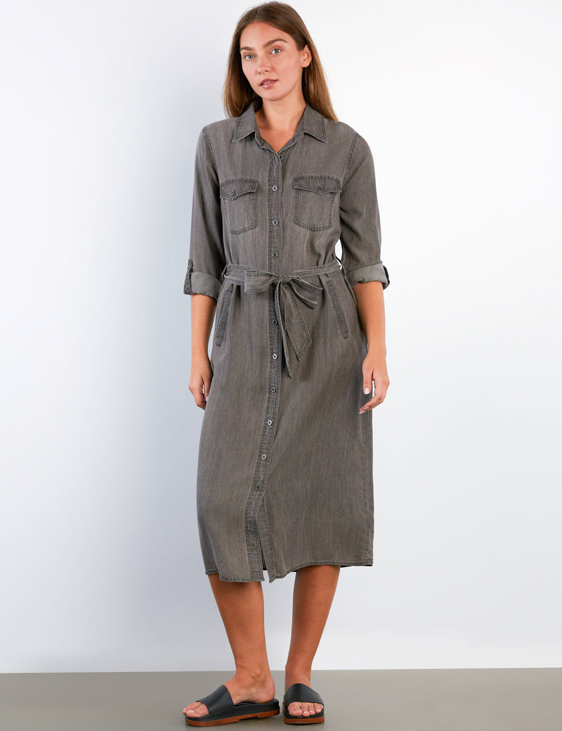 grey denim shirt dress Button Up Long Sleeve Denim Collar, Betsy Shirt Mini Dress in Grey, Size M,