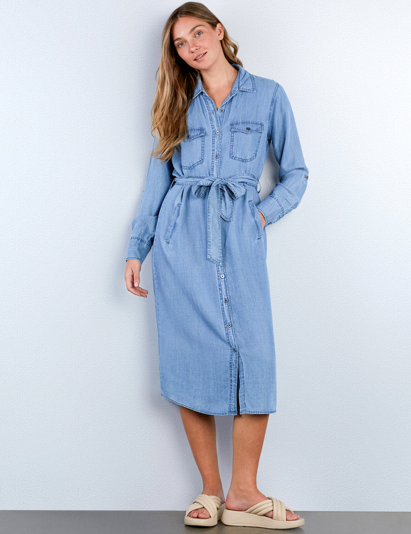 womens soft denim dress Wash Lab Denim Tie Waist Long Sleeve Denim Maxi Dress in Lucy Blue at Nordstrom, Size Small