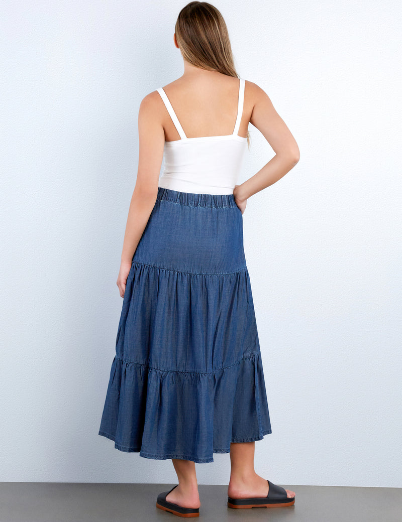 Flounce Denim Maxi Skirt