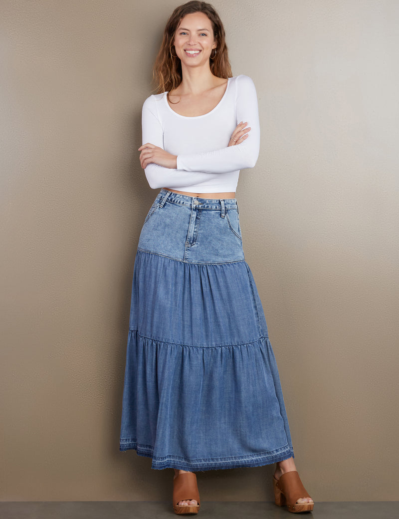 Women's Designer Fun Tiered Denim Maxi Skirt