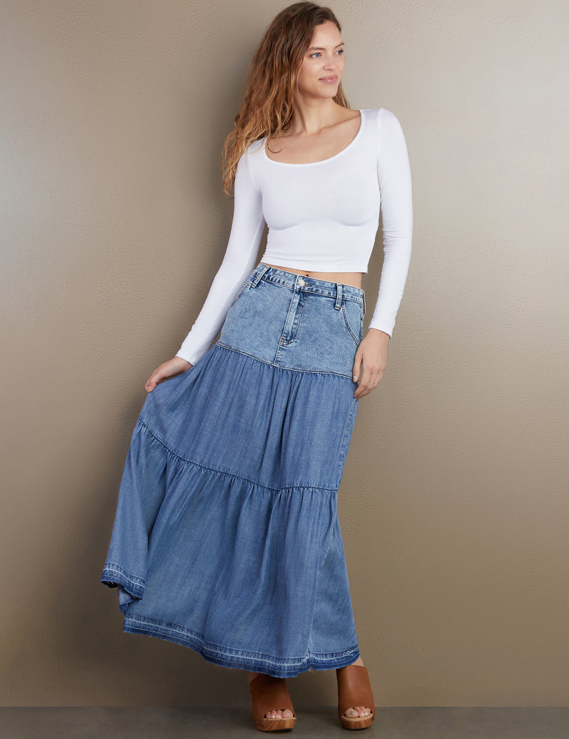 Women's Designer Fun Tiered Denim Maxi Skirt