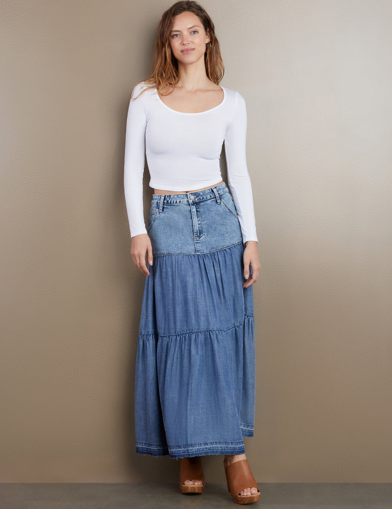 Women's Designer Fun Tiered Denim Maxi Skirt