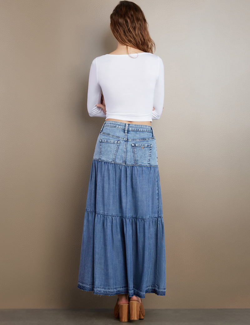 Women's Designer Fun Tiered Denim Maxi Skirt