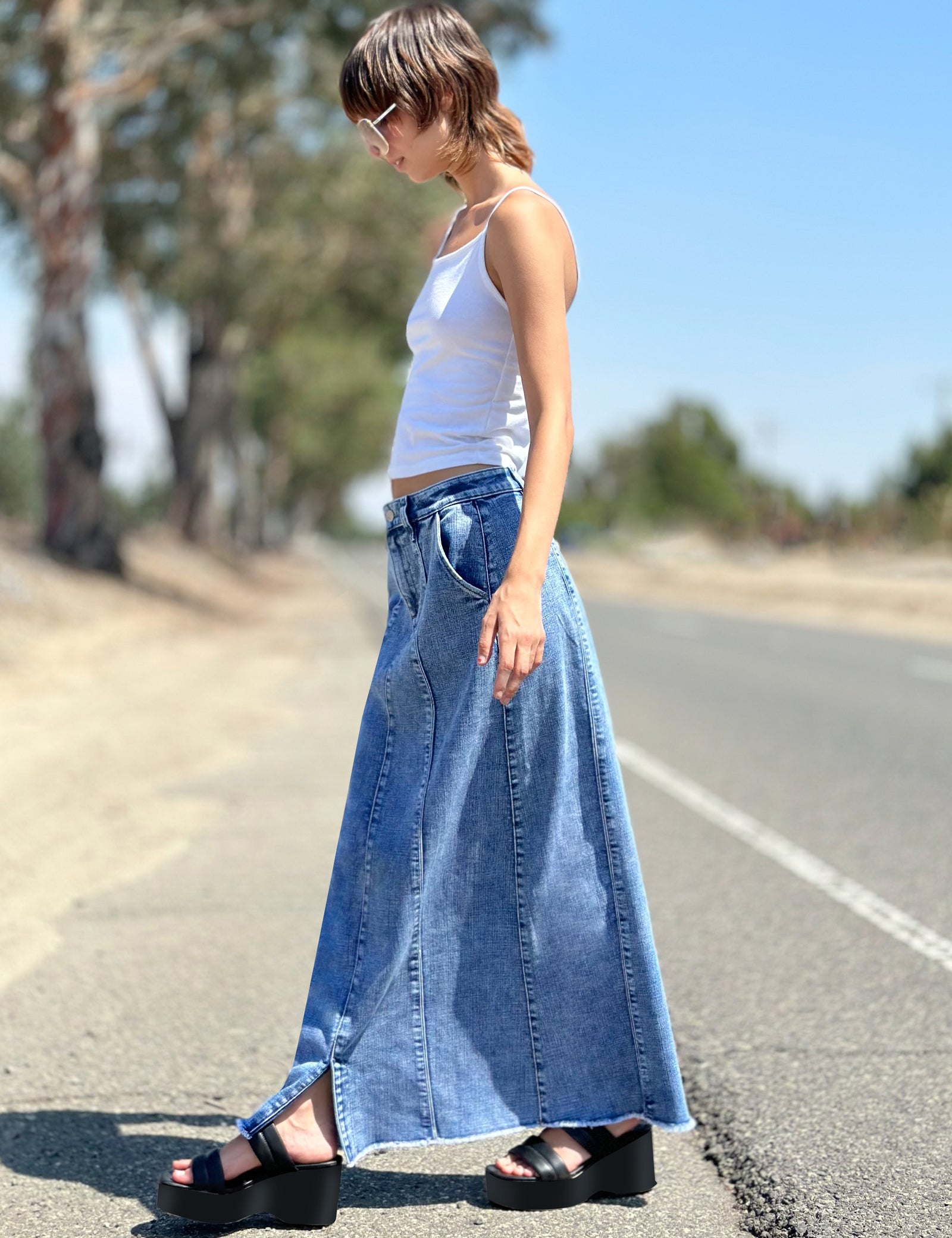 【WONDER WONDER】Inta Damage Blue Denim Long Skirt Tsuka Damage Brush Washing Mini Denim Skirt - WONDER WONDER
