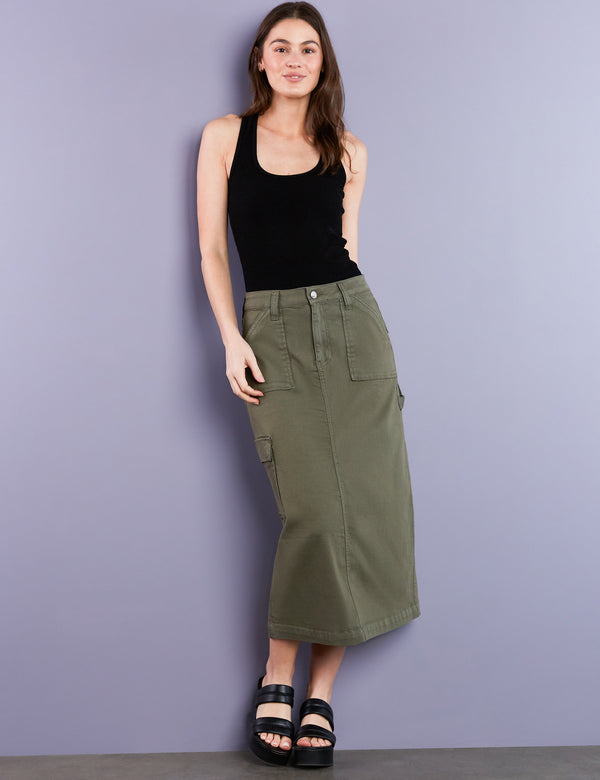 Women's Designer Premium Denim Patch Cargo Pocket Midi Skirt