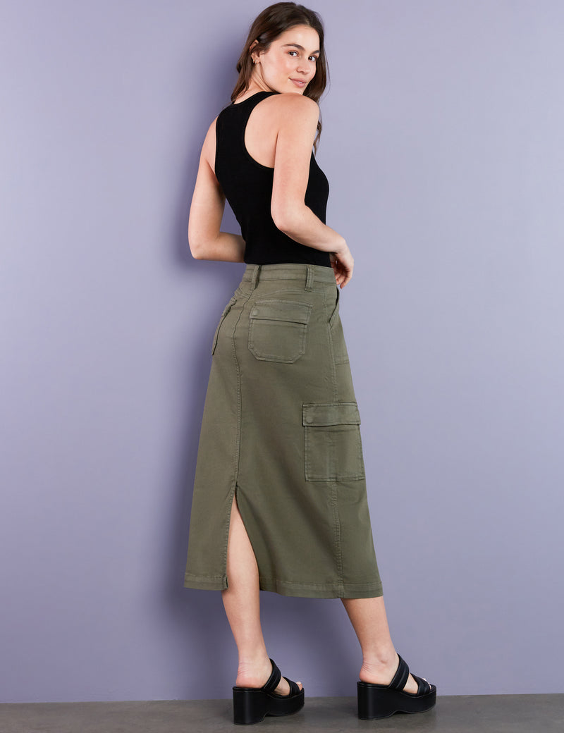 Women's Designer Premium Denim Patch Cargo Pocket Midi Skirt