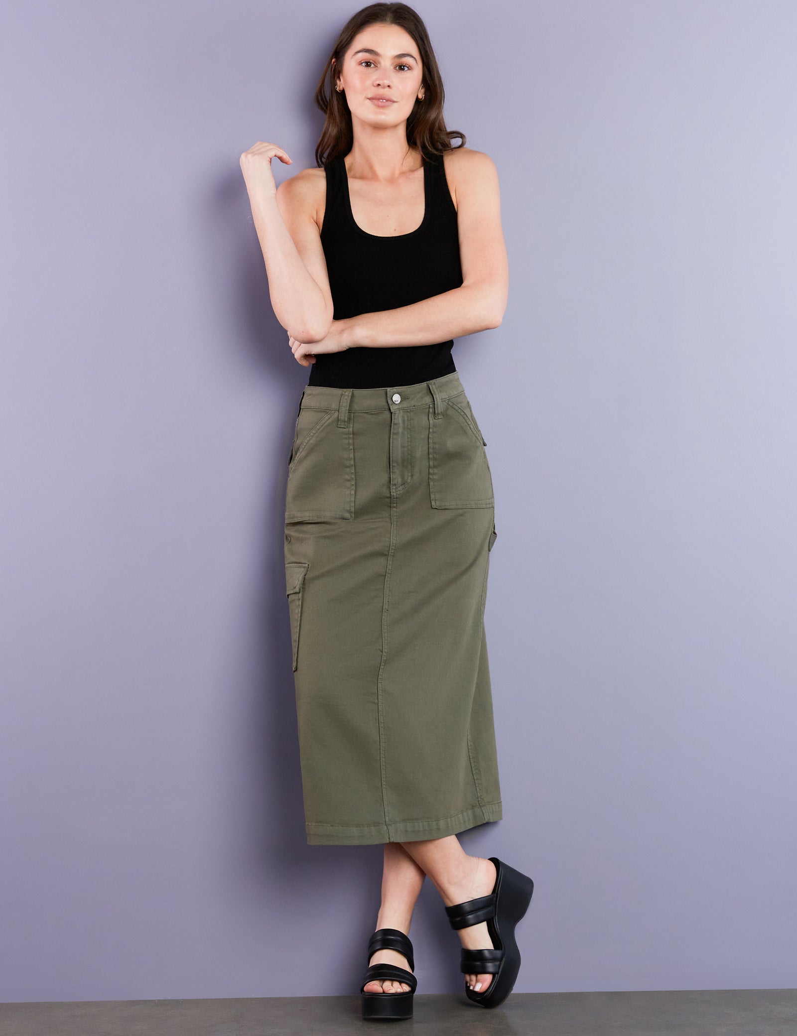 【BAON】Samav Cargo Washing Denim Midi Skirt Patch Cargo Midi Skirt – washlabshop