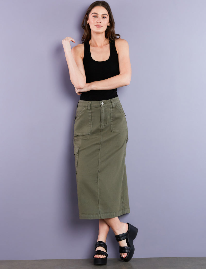 Women's Designer Premium Denim Patch Cargo Pocket Midi Skirt