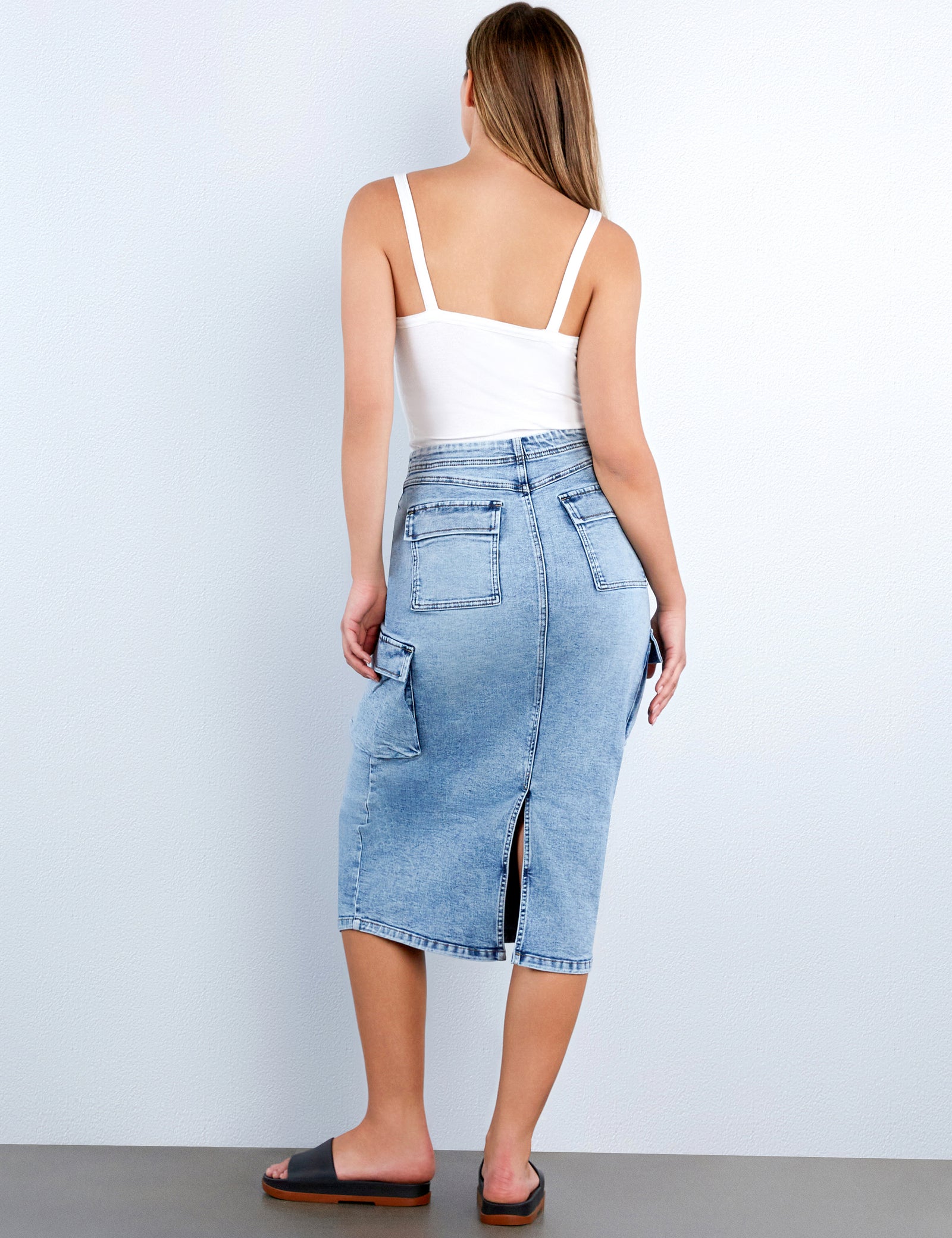 【BAON】Rishi Washing Denim Midi Skirt Utility Midi Skirt – washlabshop