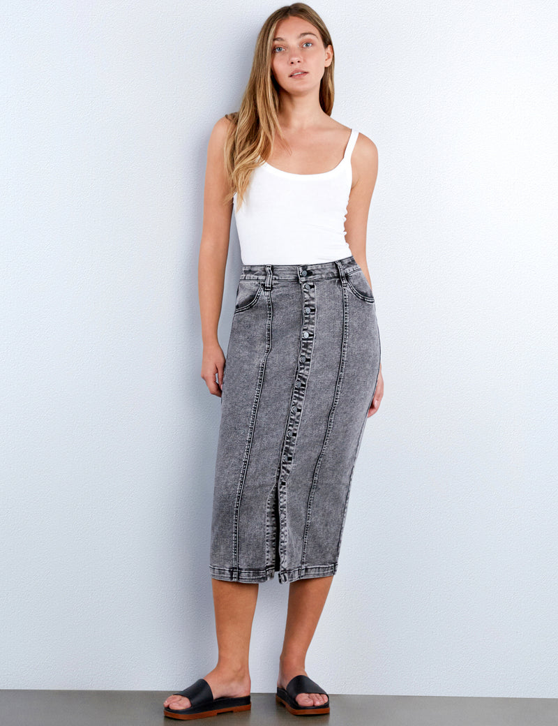 Button Front Midi Seamed Skirt