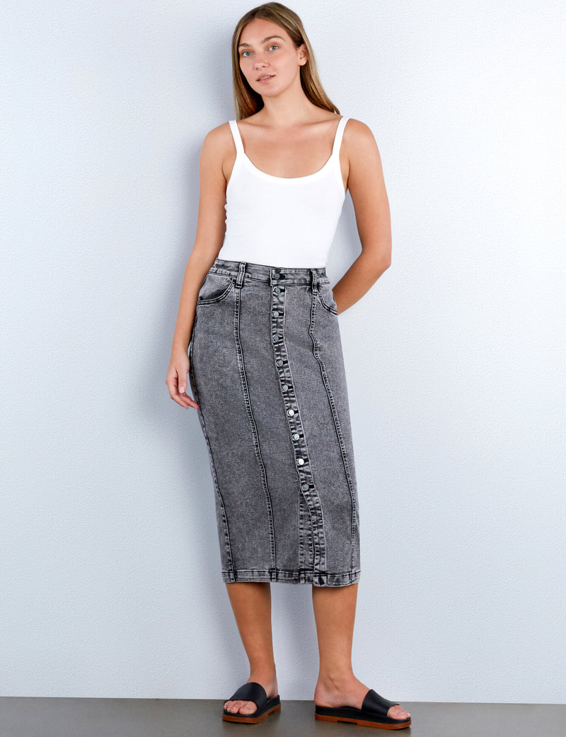 Button Front Midi Seamed Skirt