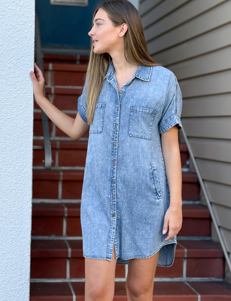 Women's Short Sleeve Clean Denim Shirtdress Wash Lab washlabshop Women's Short Sleeve Clean Denim Shirtdress Wash Lab washlabshop
