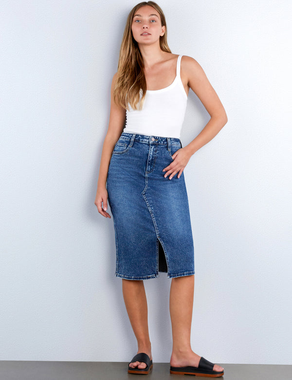 Silver Denim Midi Skirt