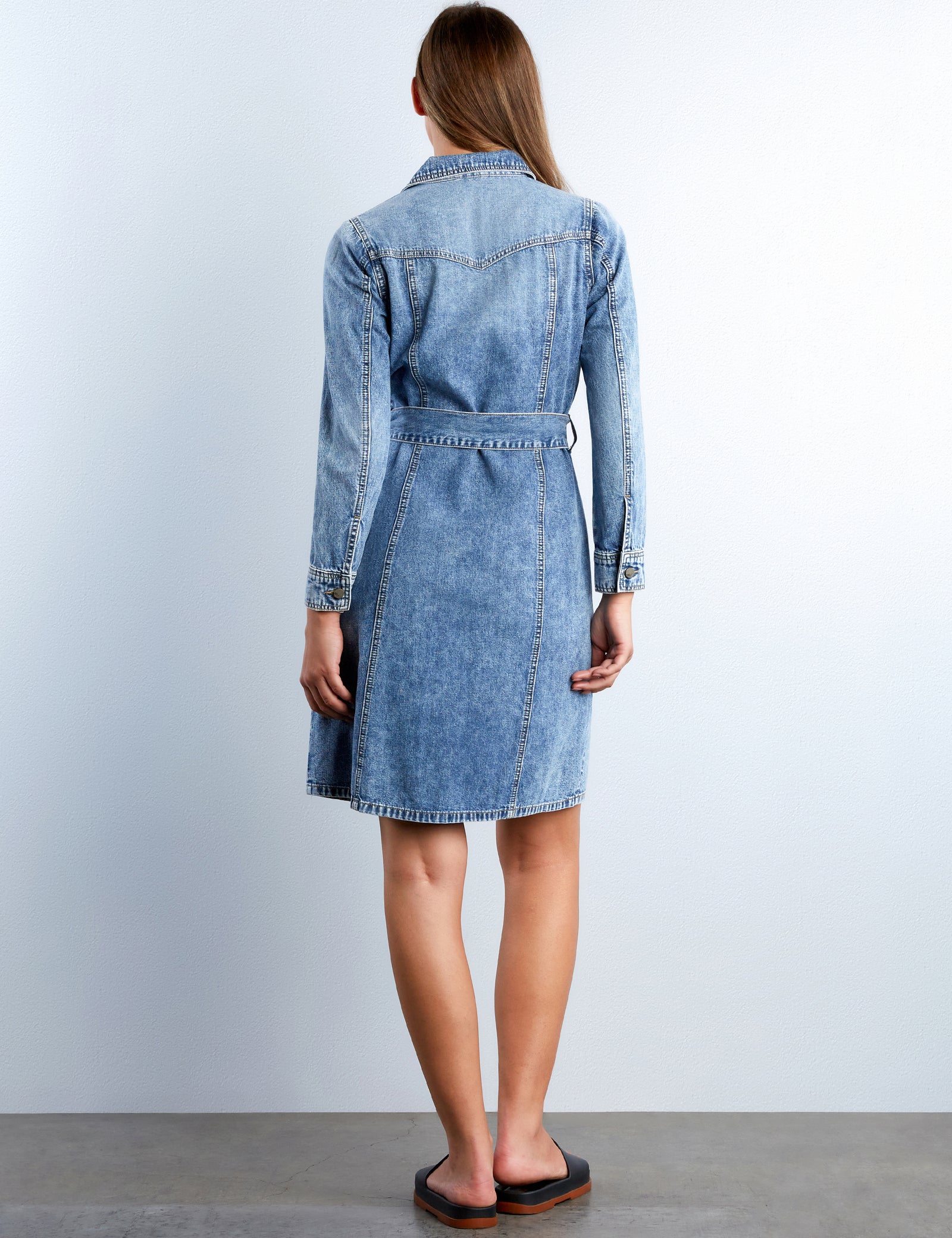 Women's Eleanor Denim Midi Shirtdress with Tie Waist – Wash Lab
