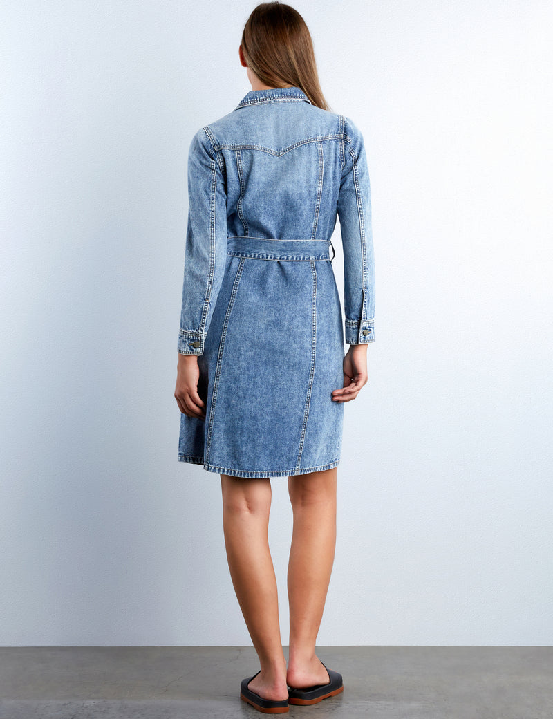 Women's Eleanor Denim Midi Shirtdress with Tie Waist Wash Lab washlabshop Women's Eleanor Denim Midi Shirtdress with Tie Waist Wash Lab washlabshop