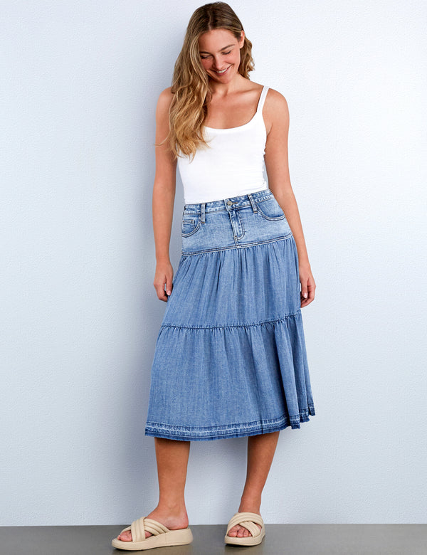 Flare Denim Midi Skirt