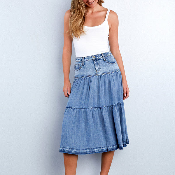 Women's Flare Denim Midi Skirt in Premium Wash – Billy T – washlabshop