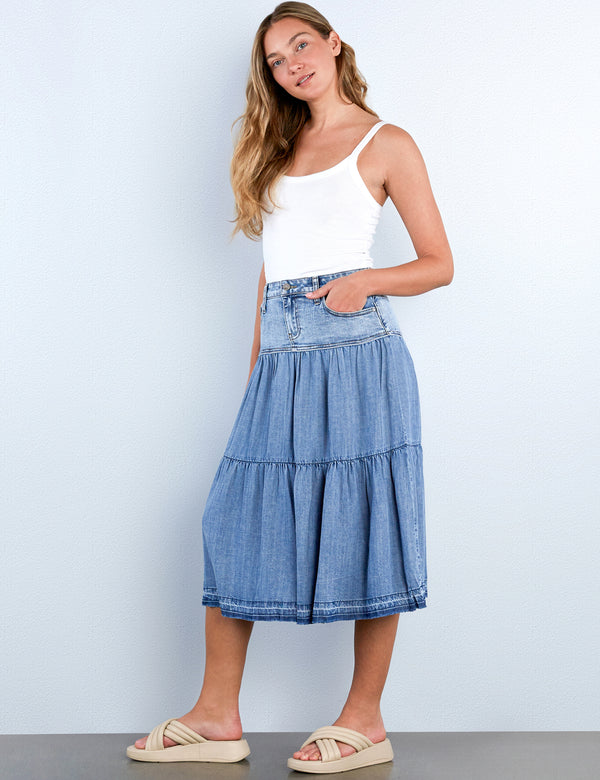 Flare Denim Midi Skirt