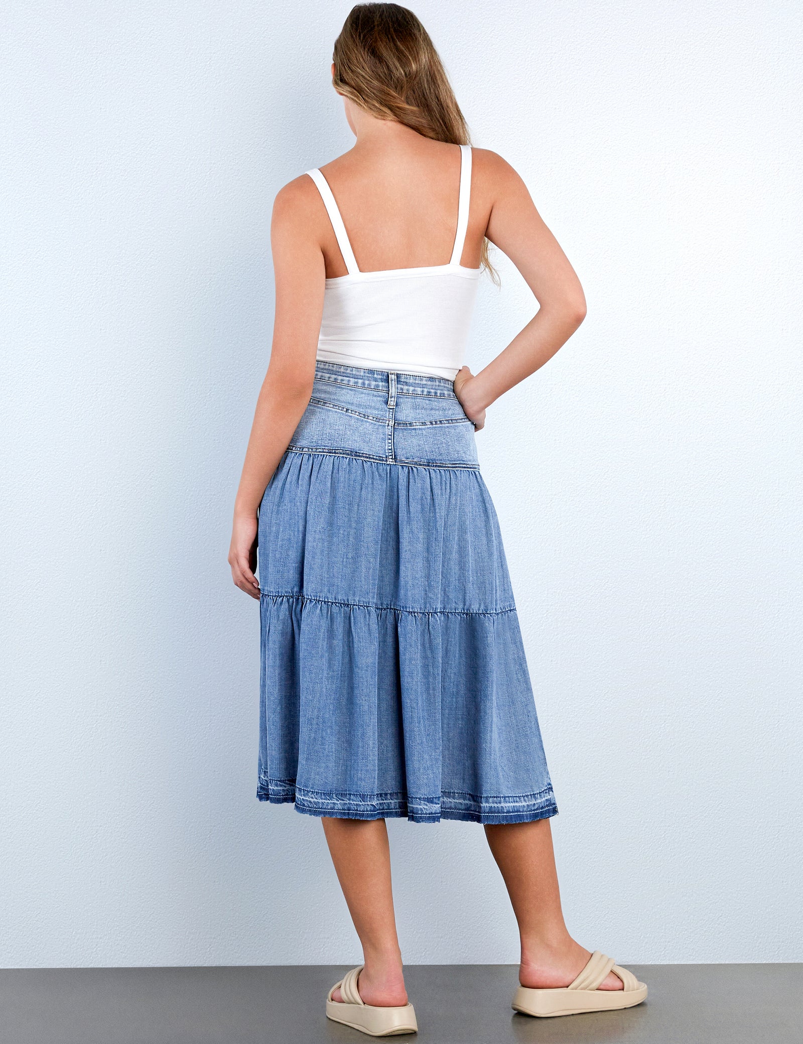 Women's Flare Denim Midi Skirt in Premium Wash – Billy T – washlabshop