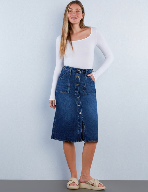 Button Front A-Line Denim Skirt