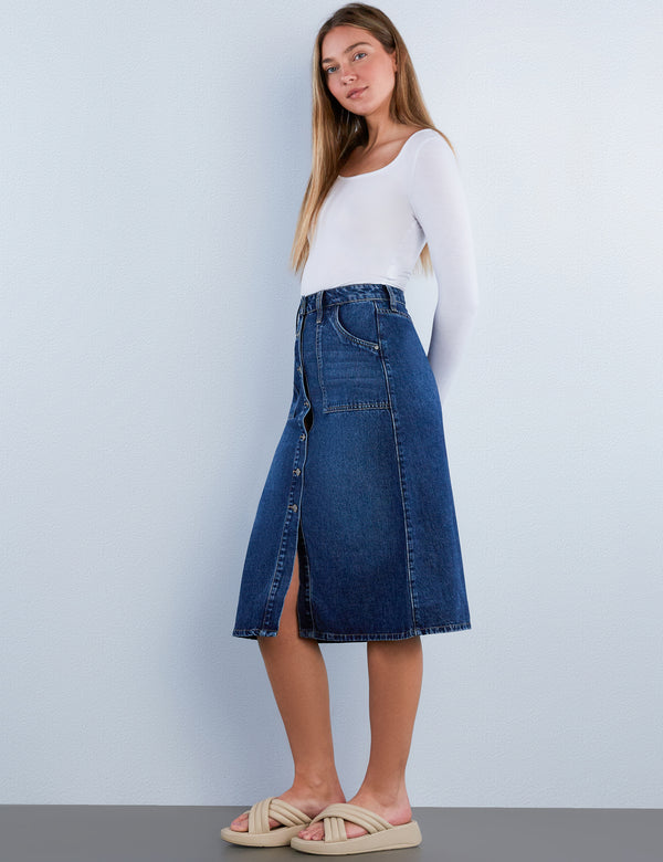 Button Front A-Line Denim Skirt