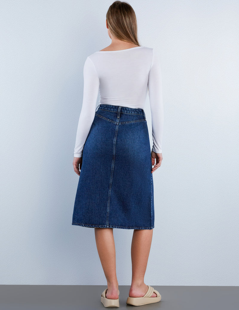 Button Front A-Line Denim Skirt