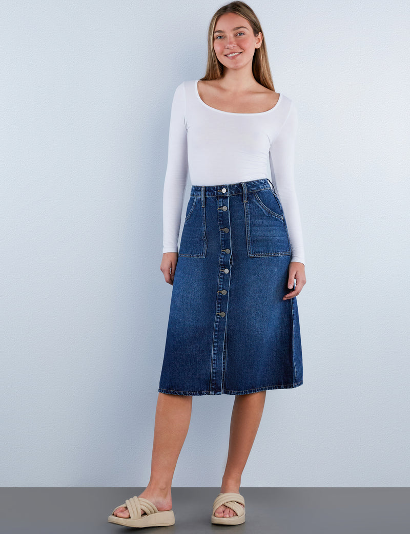 Button Front A-Line Denim Skirt