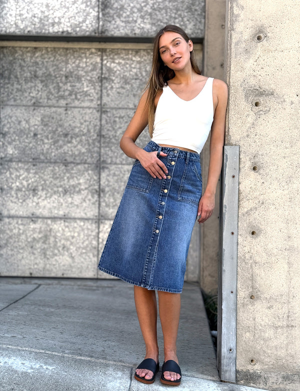 Button Front A-Line Denim Skirt