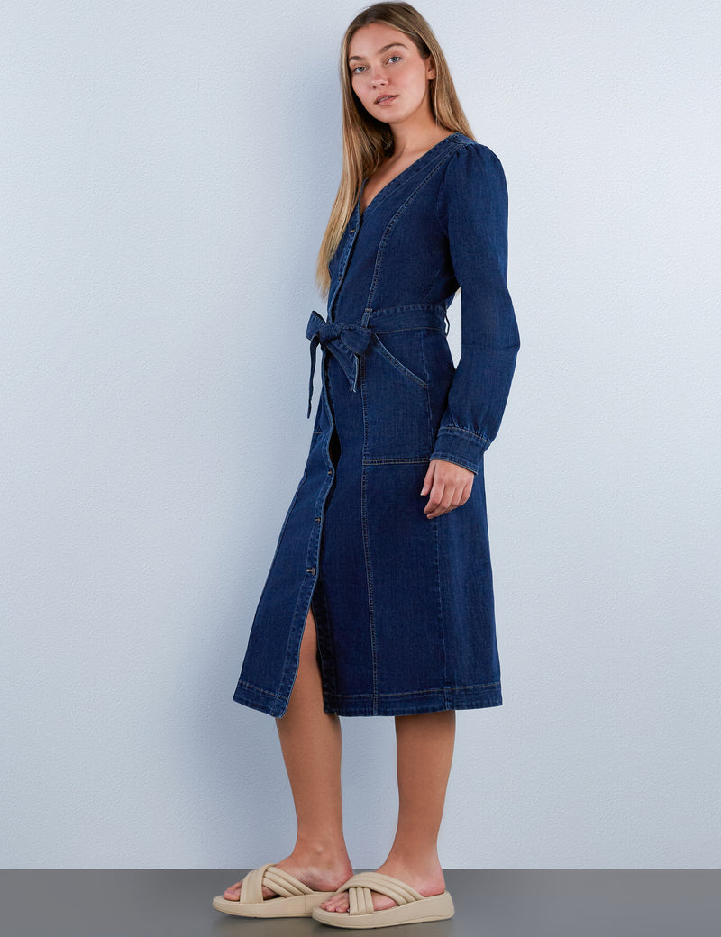 wash lab denim dress Women's Piece Dyed Denim Dress with Frayed Hem Wash Lab washlabshop