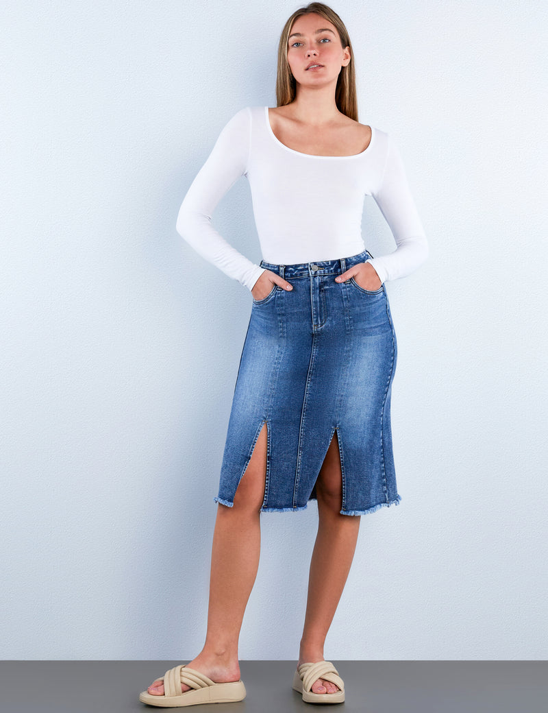 Split Denim Midi Skirt