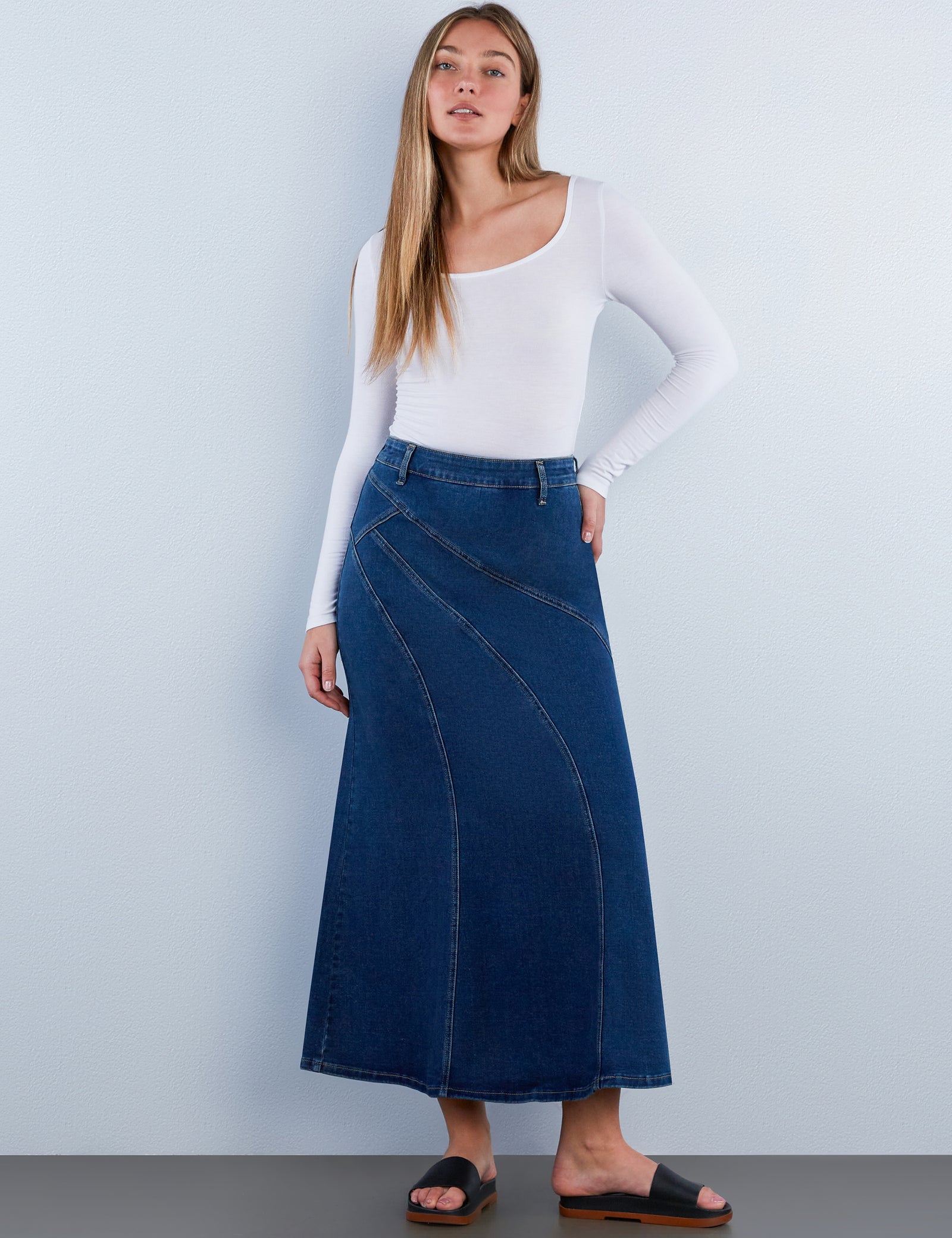 Women's Desi Pieced Midi Denim Skirt – Wash Lab – washlabshop