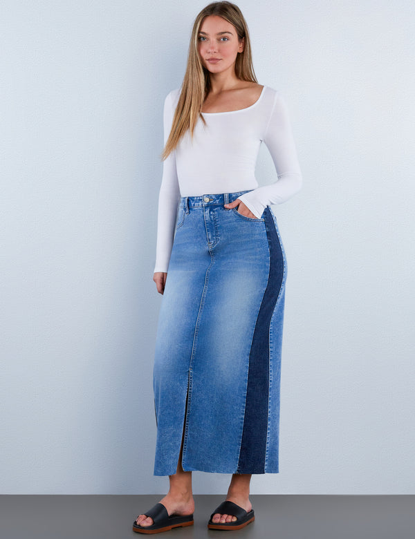 Split Blue Denim Maxi Skirt