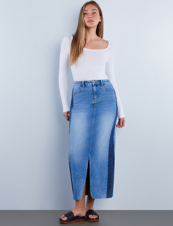 Split Blue Denim Maxi Skirt